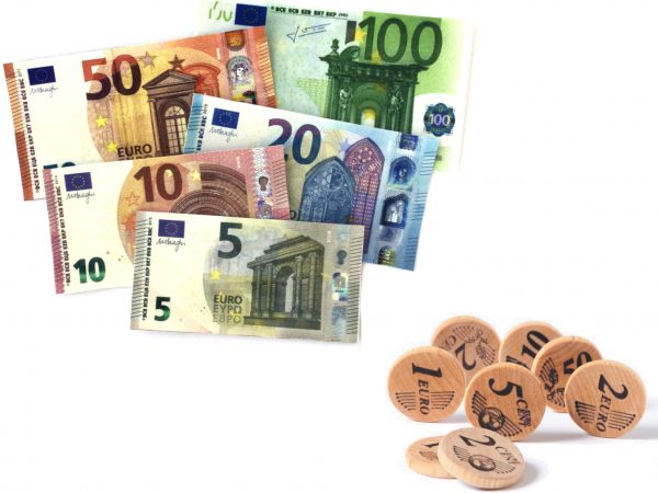 realistic play money euro bills PVC and wooden coins