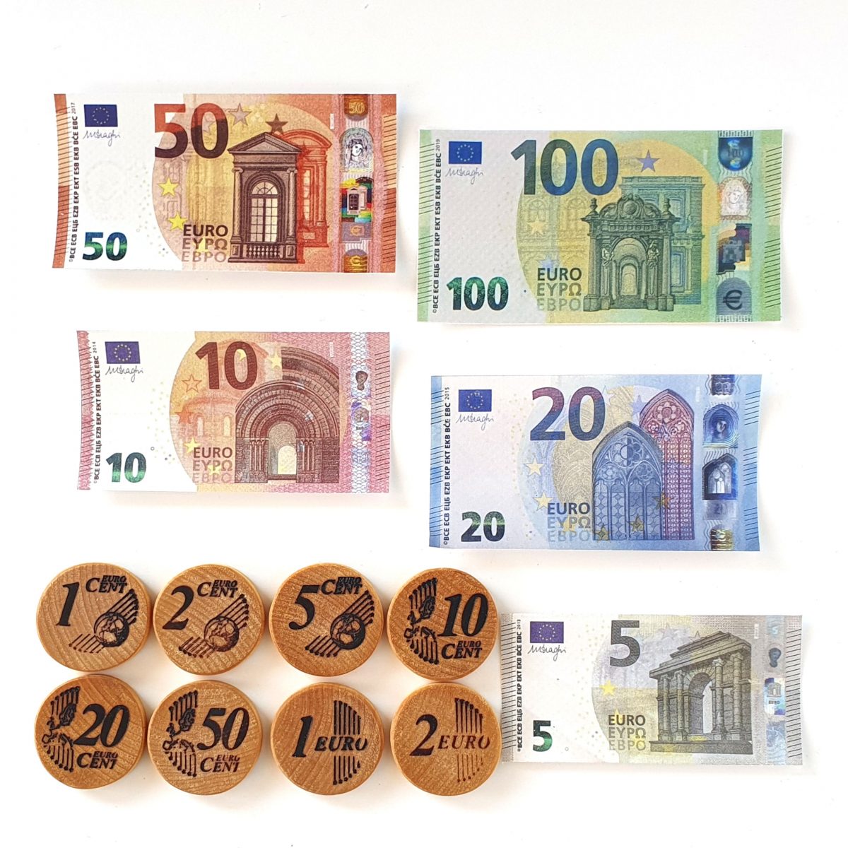 euro bills and coins pretend play money