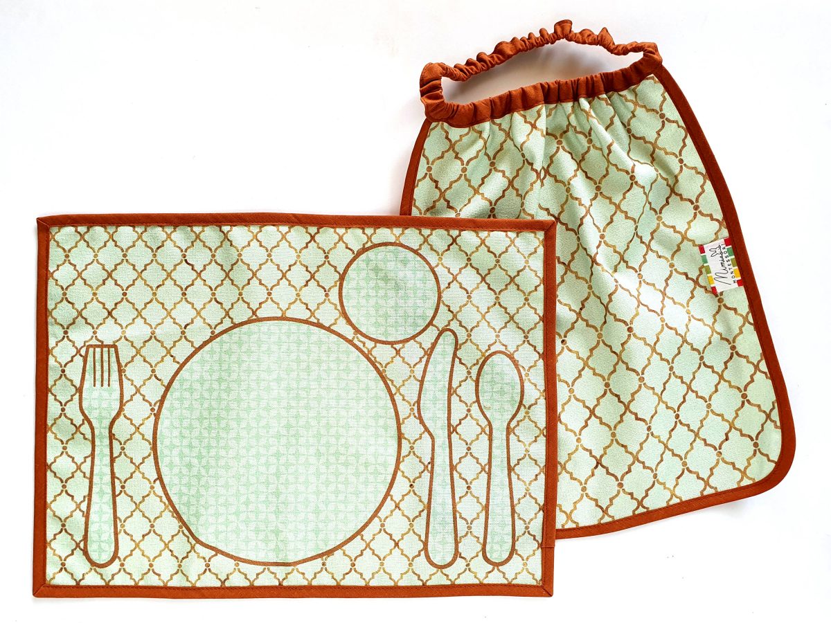 montessori placemat and bib mint tiles
