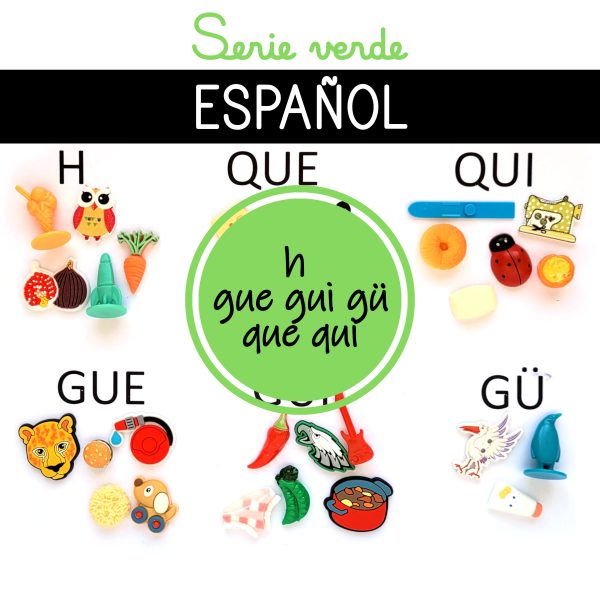 serie verde montessori lenguaje palabras miniaturas objetos no fonético h que qui gue gui gü diéresis