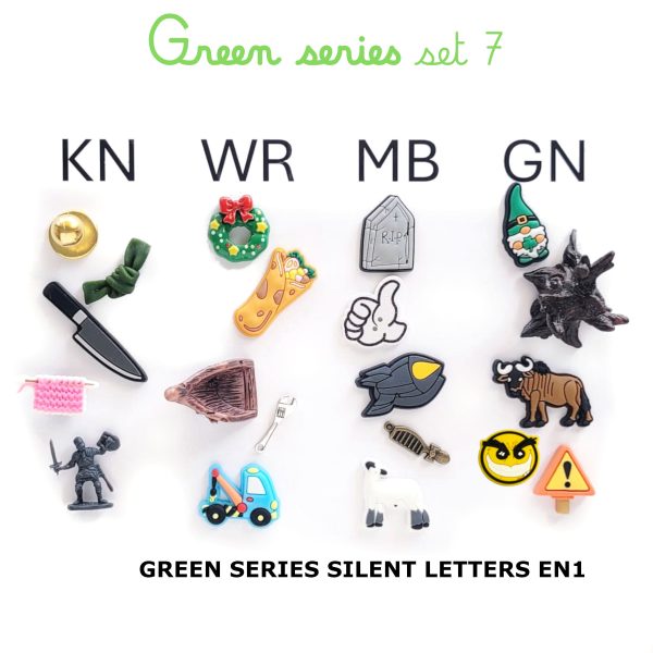 montessori language objects phonogram boxes silent letters KN WR MB GN green series miniatures